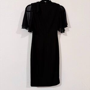 Calvin Klein Black Bow Neck Chiffon Sleeve Stretch Crepe Sheath Dress